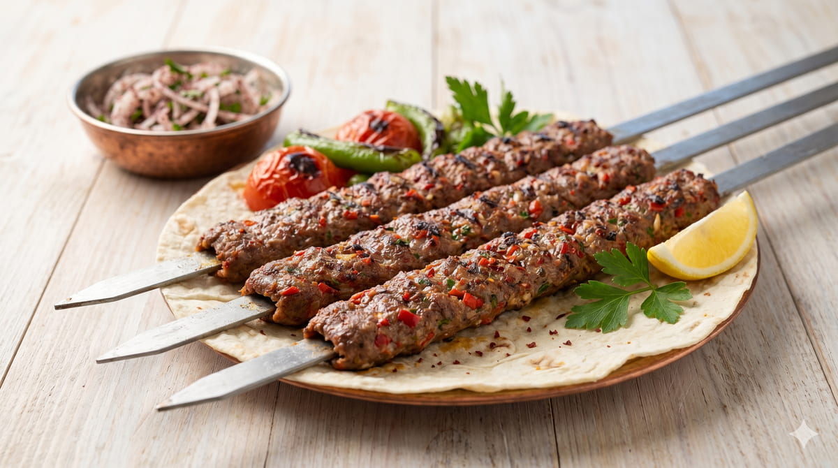Adana kebab over lavash with grilled peppers and lemon