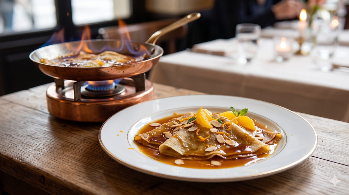 Crêpes Suzette flambé in a copper pan