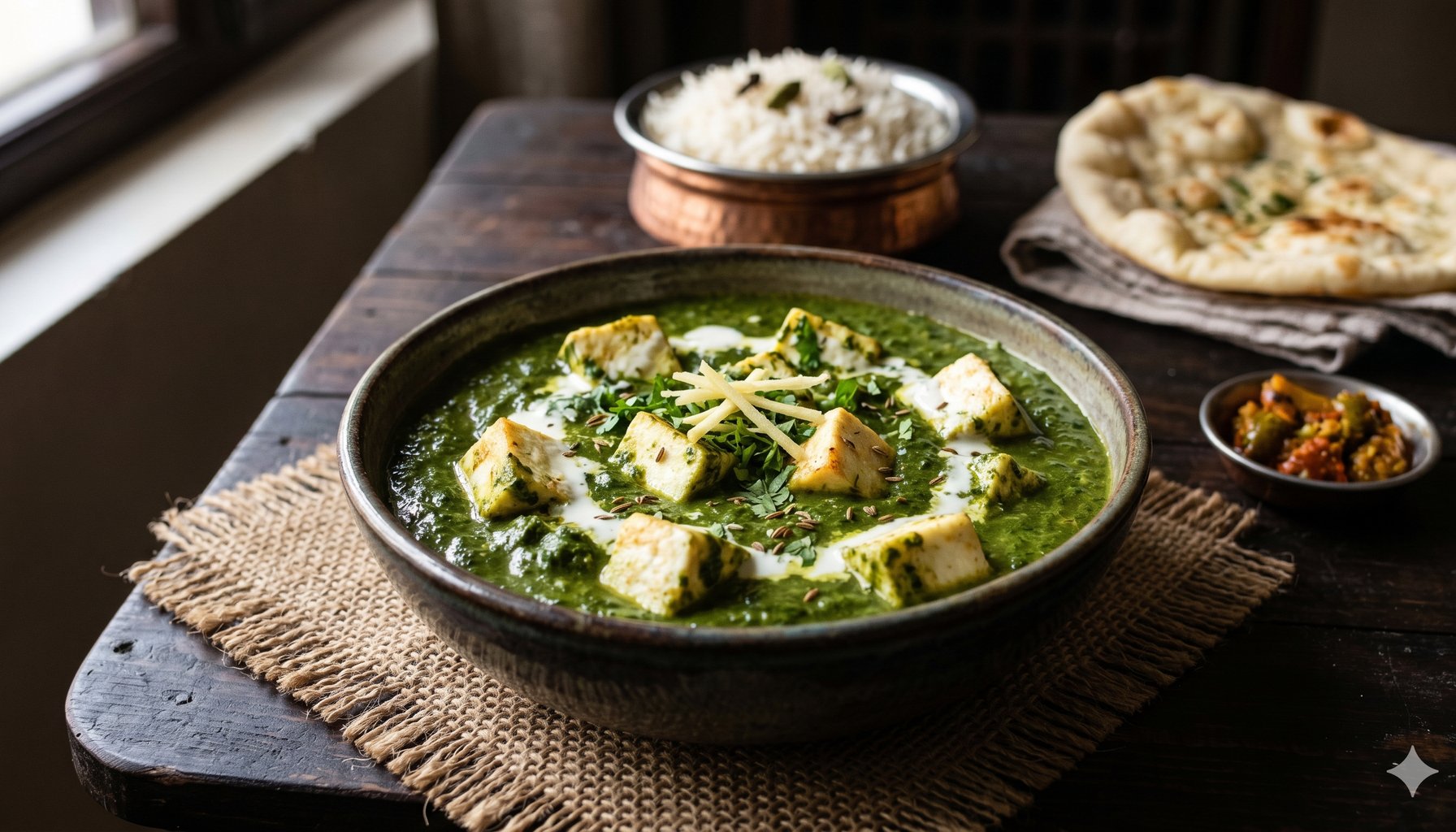 Palak paneer in a stone bowl with naan