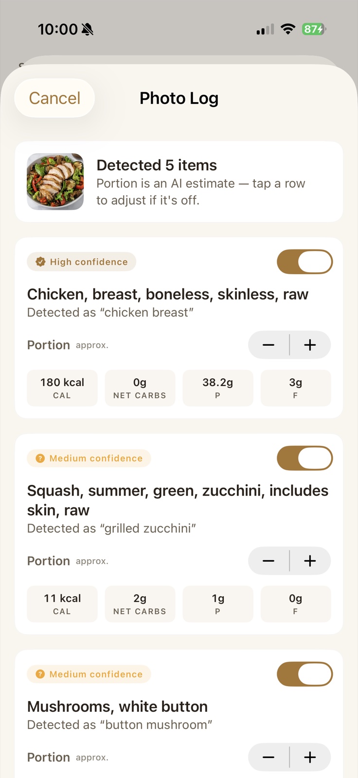 Ketoly photo log result — AI-detected meal items with confidence chips and macros